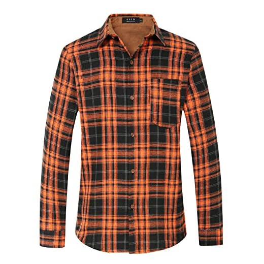 SSLR Camisa de franela para hombre, estilo informal, con botones, cepillada, de manga larga, a cuadros, Naranja, negro y marrón, S