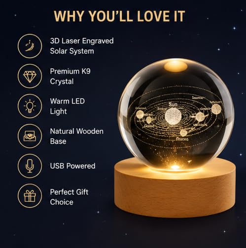 Image of Crystal Ball Night Light with Wooden Base, 3D Crystal Ball Night Lamp Touch Control LED Lamp, Bed Side Table Lamps for Bedroom, Table Lamp for Study Room, Home Decoration Items (Solar System)