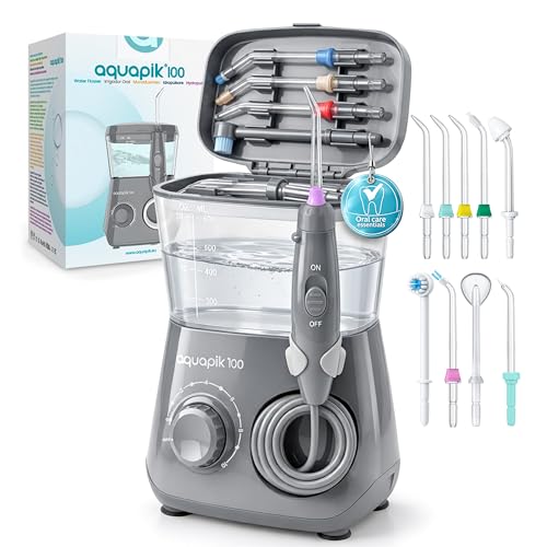 Irrigador dental Aquapik100® profesional waterflosser limpieza profunda 10 niveles de presión 8 boquillas 600ml para encías sensibles ortodoncia puentes implantes elimina placa dental (d. Gris)