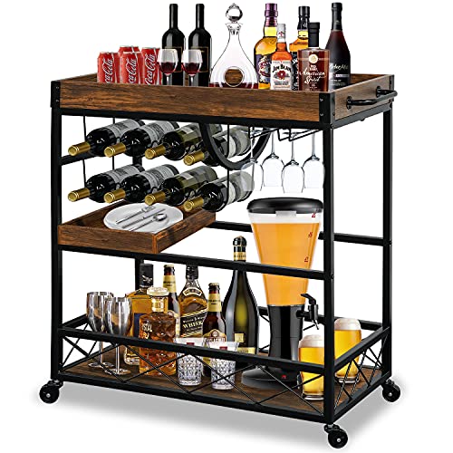 Bar Cart for The Home with Wine Rack Industrial Outdoor Serving Cart w/ 2 Removable Trays on Lockable Wheels 3 Tier Black Rolling Liquor Cart Vintage Beverage Trolley for Storage Modern Mini Bar Cart