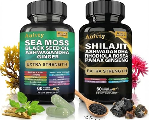 Auivty Herbal Wellness Bundle Sea Moss Complex 19 445mg + Shilajit Complex 15 250mg Extra Strength 2-in-1 Supplement Pack with Ashwagandha Ginseng & Botanicals 2 Bottles 120 Vegan Capsules