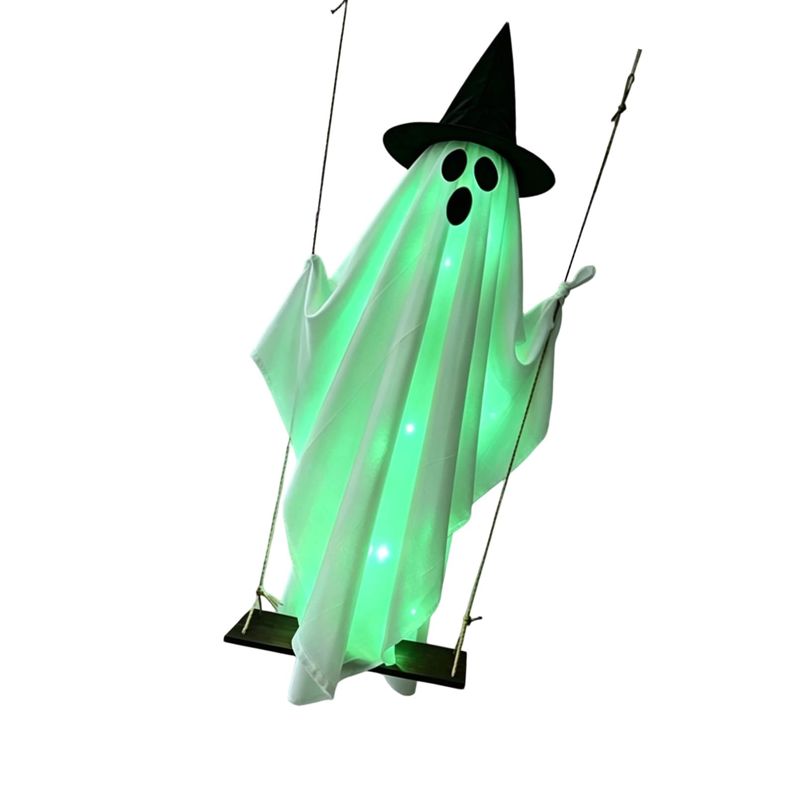 Tfaoys Green Light Seasonal Swing Figure Decoration With Internal Light Effect, White Draped Look, And Witch Hat For Entryway Decor Hanging Figure Entry Decoration Seasonal Piece Hat Detail Wood Seat