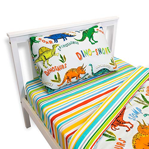 Happy Linen Company Girls Boys Kids Dinosaur Park Jurassic T-Rex Dino Stripes Single Fitted Sheet