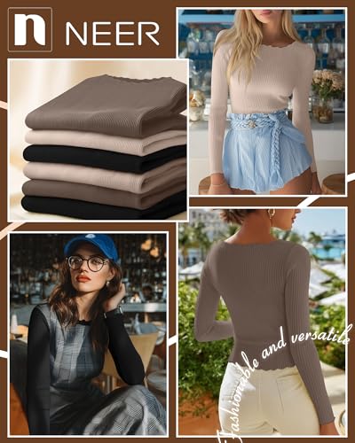 Neer 3 Pack Women's Crop Tops Long Sleeve Cotton Boat Neck Shirts Lettuce Trim Ribbed Slim Fit Casual Basic Tees2