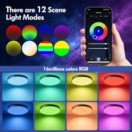 Plafonnier LED intelligent avec télécommande, 24 W RGB encastré, 2700 K - 6500 K, panneau LED moderne à intensité variable pour chambre, chambre d'enfant, salle de bain, fête, festival, rond Ø 30 cm – vue 4