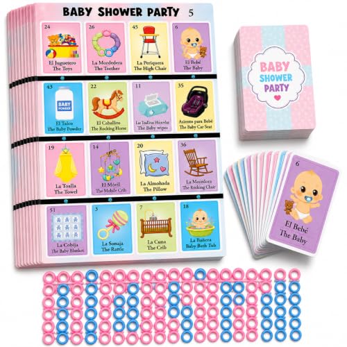 ELIASM Baby Shower Bingo Kit - Bilingual English Spanish, for 10 Players - Includes 1 Deck of Cards and 10 Boards - for The Entire Family - Great for Learning Spanish