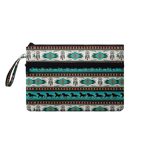 Psaytomey Borsette da polso da donna, pochette da donna con corda, portamonete, portamonete da donna, Cavallo azteco verde acqua, M-10.6 x 7in