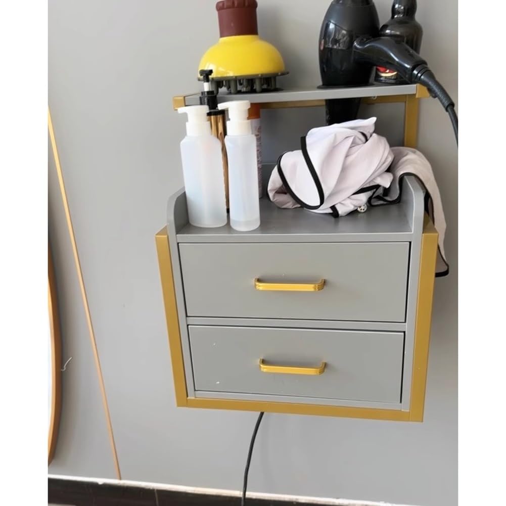 Stylingstation zur Wandmontage, mit 2 Schubladen, Haartrocknerhalter und schwimmender Aufbewahrung, moderne graue Möbel für professionelle Friseure und Salons