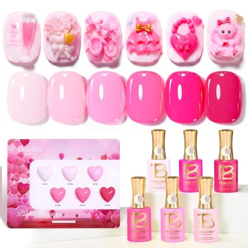 Image of Beetles Pink Gel Polish Set - Pinks Escape 15ML /0.51Fl Oz, 6 Colors Hema Free Pink Gel Nail Polish Set, Same Color Same Bottle, Valentines Nails, Long Lasting Soak Off UV LED Nail Lamp Gifts for Her