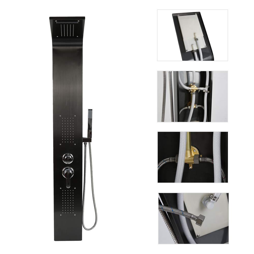Colonna Doccia Idromassaggio Pannello Doccia Set in 304 Acciaio Inox con Miscelatore 5 Funzioni, Doccia Spa per Bagno, Altezza: 140 cm - Processo di lucidatura (Nero)