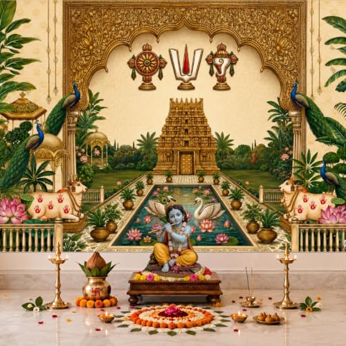 Image of Party Propz Backdrop for Ganapati Decoration Items for Home- 2 Pcs, Tirumala Theme Background Banner, Backdrop Cloth for Decoration Pooja, Varalakshmi Decorations, Janmashtami Decorations.