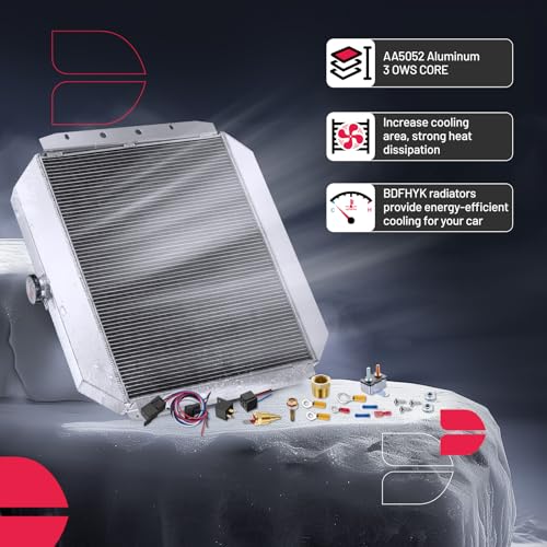 Image of BDFHYK CU433 3-Row 44mm Aluminum Radiator with Fan and Thermostat Switch for Ford Bronco F-100 F-250 1968-1979, for Ford F-150 F-350 1975-1979, for Ford F-500 1976, Replaces SBR433 CC433 CU132