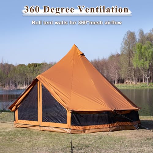 Image of TOMOUNT TOMOUNT Canvas Bell Tent with Stove Jack, 4-6 Person Use with 360 Ventilated Mesh, Dia13.1FT for Family Camping Glamping Yurt Tent 4 Seasons