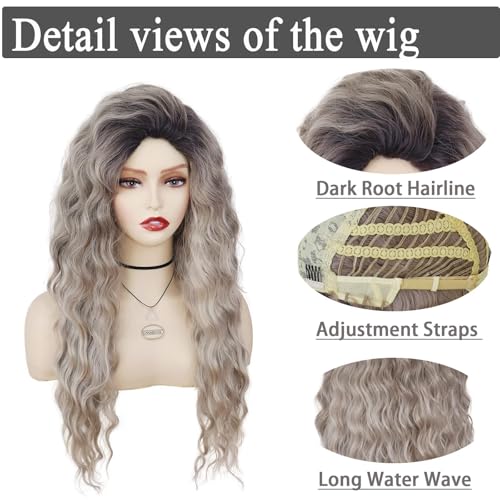 Image of GNIMEGIL 26 Inch Long Wavy Wigs for Women Ombre Grey Wig Synthetic Natural Curly Wig Fluffy Part Hairstyle for Daily Party Halloween Costume Cosplay Wigs with Hairpin
