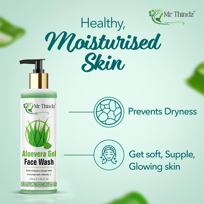 Mr.Thindz Aloe Vera Gel Face Wash 100ml, Natural Aloe Vera Face Cleanser for Glowing Skin, Hydrating Soothing Anti-Acne Gel Face Wash for Men & Women, Suitable for All Skin Types 1