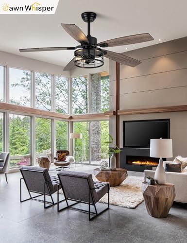 Image of Dawn Whisper 52 Inch Farmhouse Ceiling Fans with Lights and Remote Quiet and Reversible DC Motor Black Industrial Rustic Caged Ceiling Fan for Bedroom Living Room Covered Patio