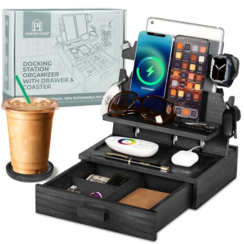 Black Wood Phone Docking Station for up to 3 Phones - Nightstand Organizer with Drawer for Valuables for Men & Women, Apple Watch Compatible, Holds Phones, Tablets, Keys, Rings, Glasses, Watches, EDC
