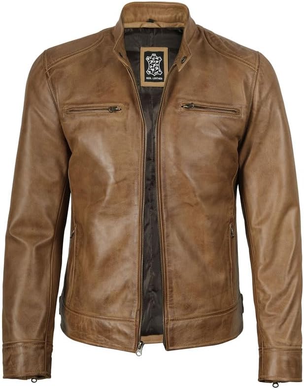 Decrum Mens Leather Jacket - Cafe Racer Style Real Lambskin Leather Jacket Men