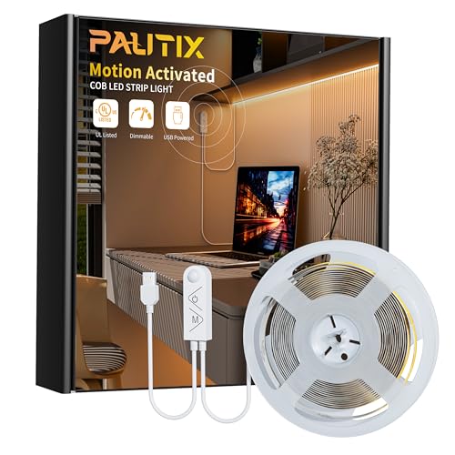 PAUTIX COB LED Strip with Motion Sensor,5V USB LED Tape Light 2700K Warm White,CRI90+ Super Bright,Dimmable Motion Activated LED Strip Light for Bedroom,Cabinets,Kitchen,Stair,Closet Lighting Projects