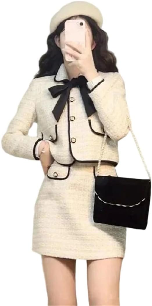 Women's Tweed 2 Piece Set Short Coat with Bow Tie and Thick Skirt Outfit Spring Autumn Chic Style Suits