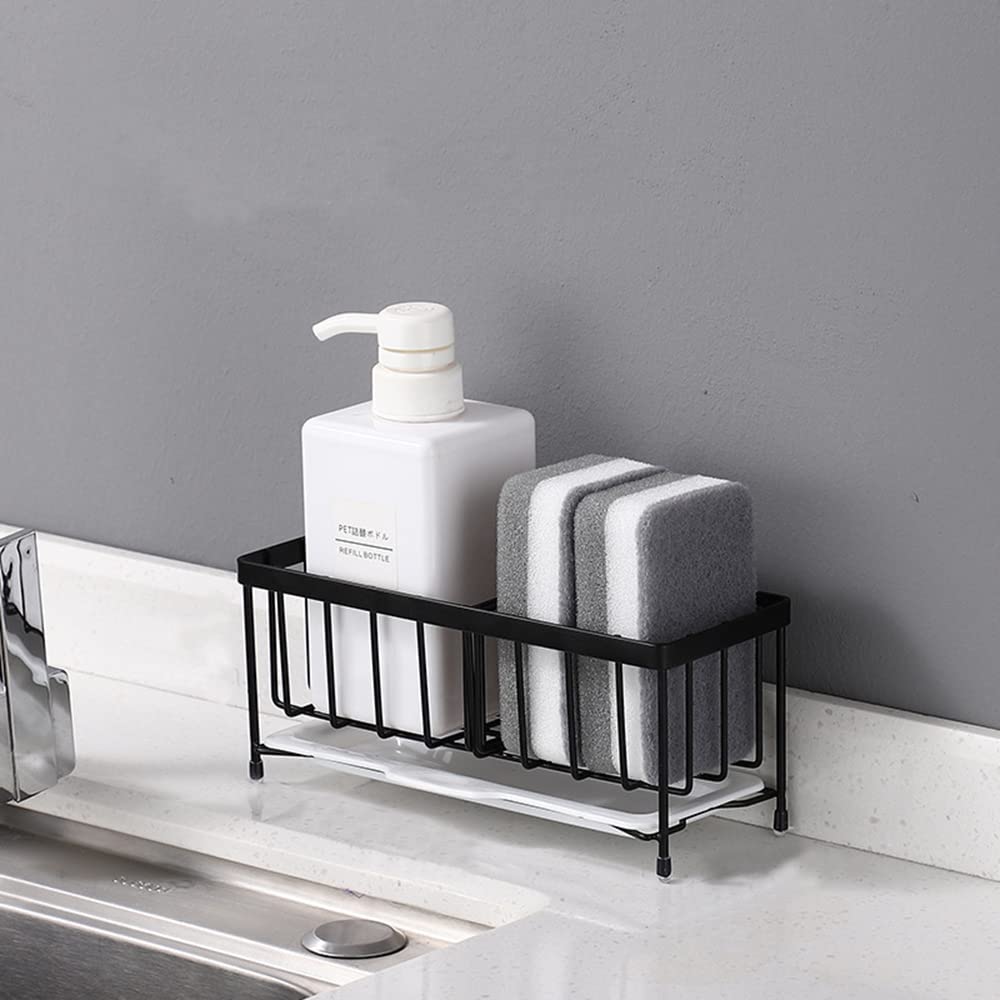 Wuudi Black Kitchen Sink Caddy Stainless Steel Sponge Holder With Removable Drain Tray Kitchen Organiser Tidy Rack (Black)