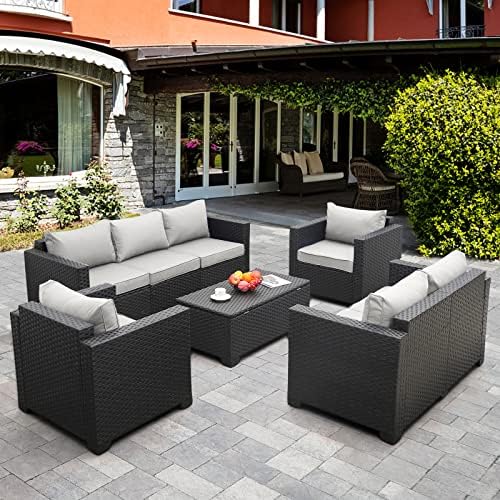 Rattaner 5-Piece Patio Furniture Sofa Set Outdoor Wicker Sectional Couch with Storage Table No-Slip Cushions Furniture Covers, Grey