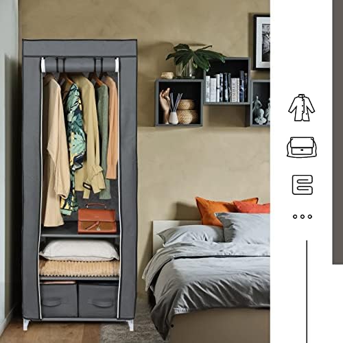 Single Canvas Wardrobe, Foldable Closet, Portable Wardrobe, 2 Drawers, Hanging Rail, for Clothes, Bags, Toys, Shoes, Living Room, Bedroom 160 x 59 x 43CM Grey