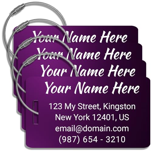 Customized Luggage Tags for Suitcases - Anodized Aluminum Luggage Tags - Laser Engraved Metal SuitcaseTags Pack of 4 (Purple, 2x3.5)