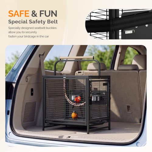 Image of VINGLI Small Bird Cage, 19 inch Travel Carrier Bird Cage with Handle, Wrought Iron Parakeet Cage with Wooden Perch for Parrot Lovebirds Finches Small /Medium Birds (Matte Black)
