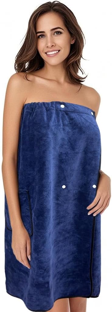 SINLAND Women's Spa Wrap Microfiber Lightweight Knee Length Bath Body Wrap Shower Towels with Adjustable Closure 32 Inch x 60 Inch Navy Blue