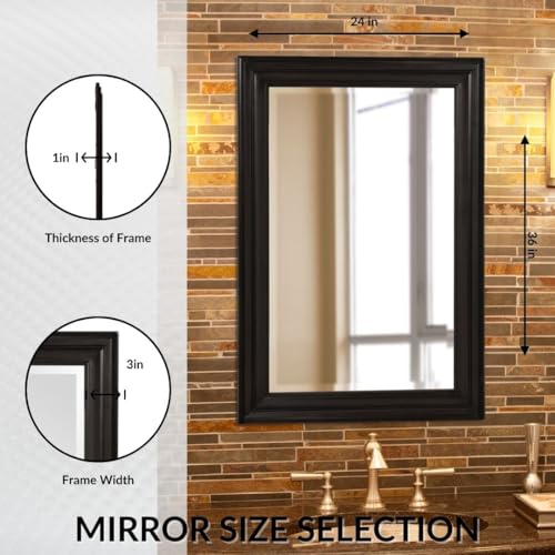 Image of Howard Elliott Collection George Rectangular Glossy Black Wall Mirror, Rectangle Hanging Wood Framed Vanity Mirrors for Home Decor, Living Room, Bathroom, Bedroom, or Hallway, 24 x 36 Inch