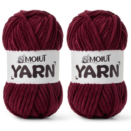 Image of 2 Pack Fluffy Chenille Yarn for Crocheting, Chunky Velvet Yarns for Crochet Amigurumi, Baby Yarn for Crocheting Soft Blanket, 174.9yds /7 oz Bulky Yarns for Crafts /Hats /Shoes /Socks (2 Burgundy)