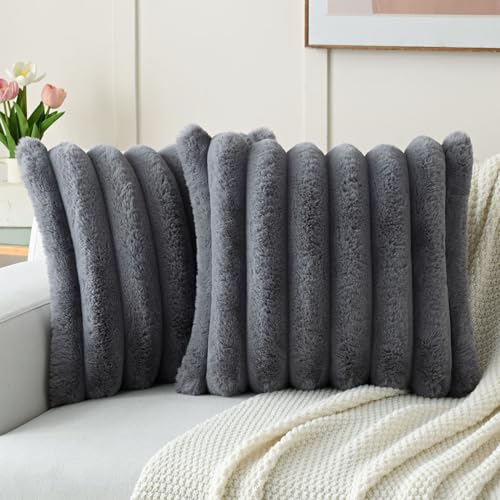 FUTEI Grey Decorative Throw Pillow Covers 26x26 Inch Set of 2, Square Soft Faux Rabbit Fur Big Striped Pillow Sham,Home Decor for Couch Sofa Bed Living Room