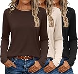 Ekouaer 3 Pack Long Sleeve Shirts for Women Crewneck Thermal Tops Casual Base Layer Undershirts Fall Trendy Basic Tees Black/Coffee/Beige S