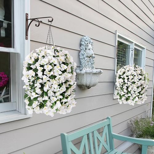 Image of INSPRING Artificial Bougainvillea Faux Flowers Plants Baskets for Outdoor Outside Decoration, 3PCS Fake Silk Flowers Long Trailing Vines UV Resistant Realistic for Front Door Porch Patio (White)