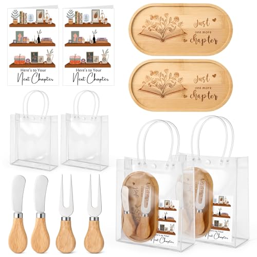 Ferrochef 2 Set Book Club Gifts Bulk for Book Lovers Women Bookish Gift for Reader Librarian Bookworm Booklover Teacher Just One More Chapter Bamboo Tray with Fork and Cheese Knife Card