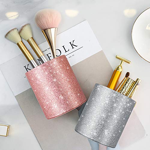 Image of Glitter Pen Holder, Pencil Cup Desk Sparky Bling for Women Girls, Luxury Durable Makeup Brush Holder Large Pu Leather Multi-Functional Organizer Cup for Office, Classroom, Home, Silver
