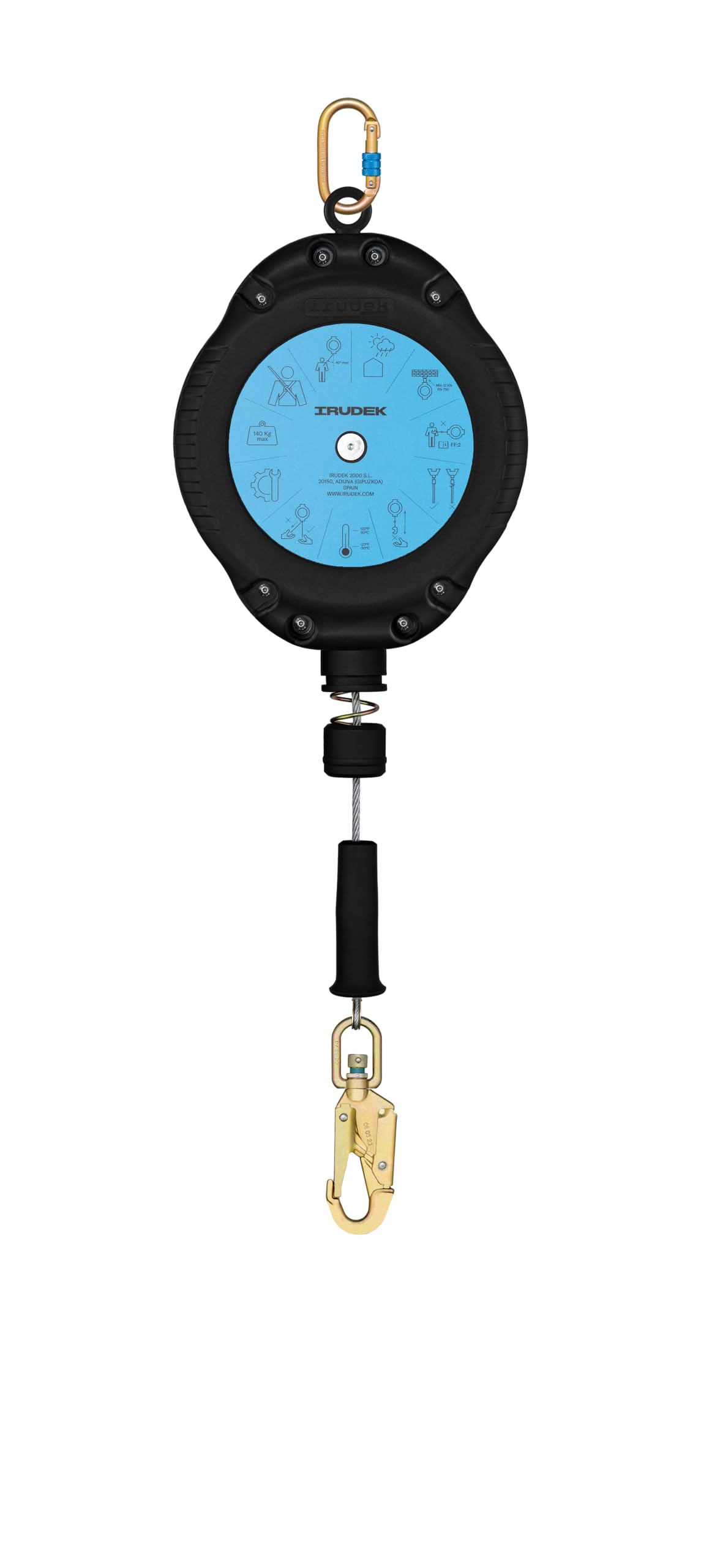 Irudek SEKURBLOK 20 – Antichute Rétractable à Câble 20 m – EN 360 – Utilisation Verticale – Charge max. 140 kg – Absorption d’Impact < 6 kN – Indicateur de Chute – Mousquetons Pivotants – NFC Ready