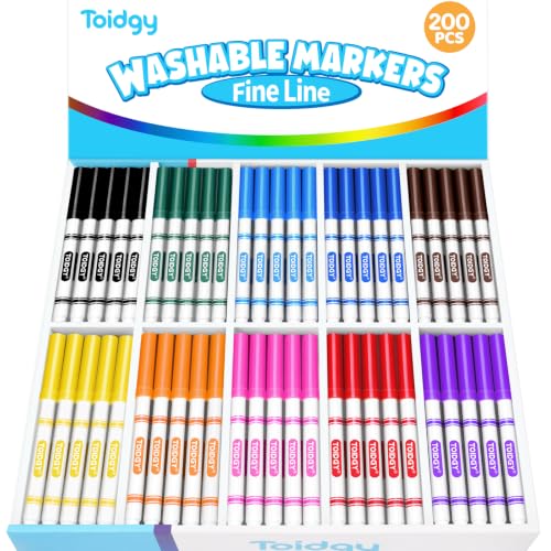 Toidgy 200 PCS Washable Markers for Kids Colored Markers Bulk for School Thin Marker Set in 10 Assorting Colors Fine Line Marker with Conical Tip Back to School Supplies Classroom Must Haves