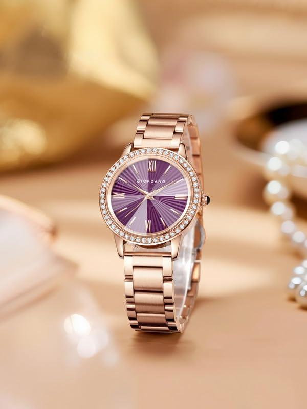 Image of Giordano Analog Watch for Women with Sunray Round Dial, Crystal Studded Bezel, Roman Numerals Markers, Quartz Movement and Rose Gold Stainless Steel Strap - GZ-60118