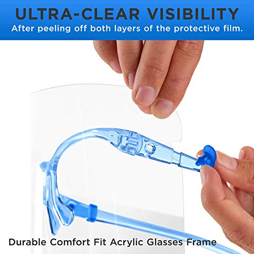 Image of TCP Global Salon World Safety Face Shields with Blue Glasses Frames (Case of 80) - Ultra Clear Protective Full Face Shields to Protect Eyes, Nose, Mouth - Anti-Fog PET Plastic, Goggles