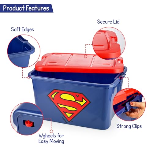 Image of Nayasa Superman Toy Box 50 Ltr | DC Superhero Print Plastic Storage Box with Lid | Stackable Organizer & Strong Durable | Blue