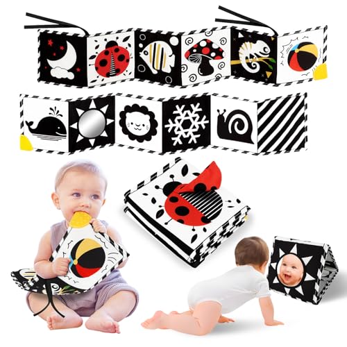 Image of Tummy Time Toys, High Contrast Baby Book with Mirror & Teether, Black and White Infant Books, 0-6-12 Months Soft Book for Newborn, Sensory Books, Tummy Time Car Seat Toys 0-6 Month Boy Girl Gift