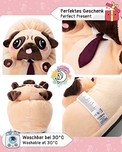 corimori Witizige Plüsch-Hausschuhe Mops Coco für Erwachsene und Kinder | Braun, EU Einheitsgr. 34-44 | Pantoffeln Slipper Schuhe