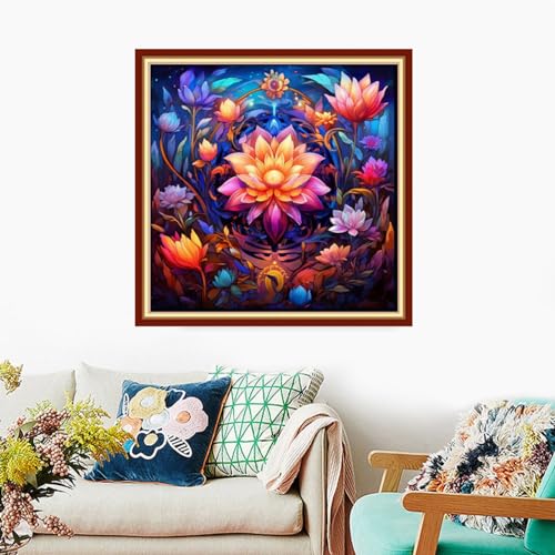 Image of Foxdiviy Stamped Cross Stitch Kits Full Range of Embroidery Needlework Starter Kits for Beginners Adults 11CT Embroidery Patterns Art Crafts DIY Needlepoint Kits-Magic Flower 18x18 inch