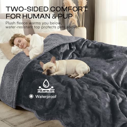 Image of Waterproof Pet Blanket, Liquid Pee Proof Dog Blanket for Sofa Bed Couch, Reversible Sherpa Fleece Furniture Protector Cover for Small Medium Large Dogs Cats, Dark Gray Queen Size(90 inch x 82 inch)
