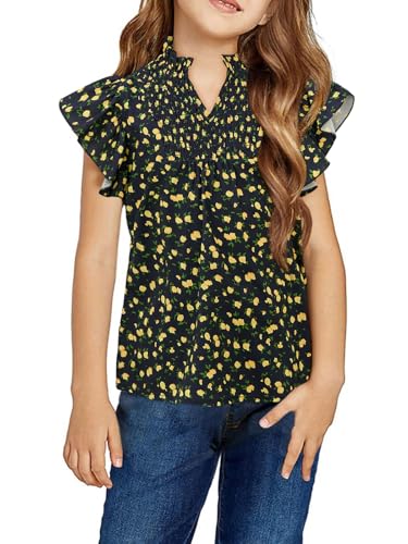 Image of Haloumoning Girls Ruffle Short Sleeve Floral Chiffon Blouses Kids Summer Shirts Tops 5-14 Years