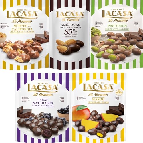 Lacasa Mi Momento pack de 5:Almendra 85% 65G,Nueces Leche 115G,Pasas choco Negro 150G,Pistacho Leche 100G,Mango choco Negro 115G
