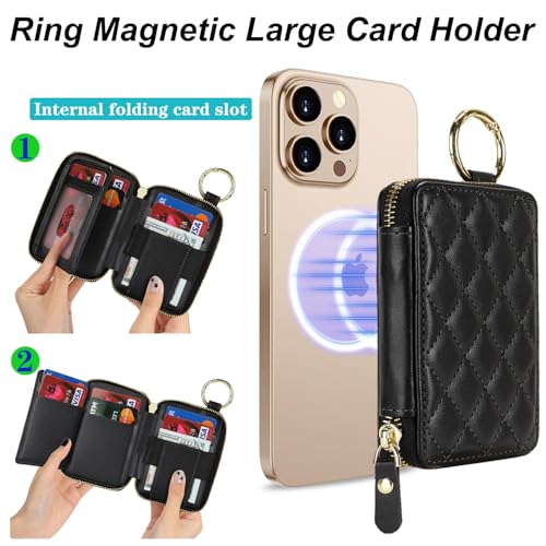 Image of Compatible with MagSafe Wallet,Magnetic Phone Wallet Card Holder for iPhone 17 /16 Pro Max /15 Pro /14 Plus /13 /12 Series,PU Leather Zipper Pocket Adjustable Stand-Black