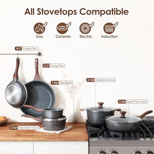Image of SENSARTE Nonstick Cookware Set 16-Piece, Healthy Pots and Pans Set, Non-stick Kitchen Cooking Set with Stay-Cool Handles, Silicone Utensils and Pot Protectors, PFOA Free